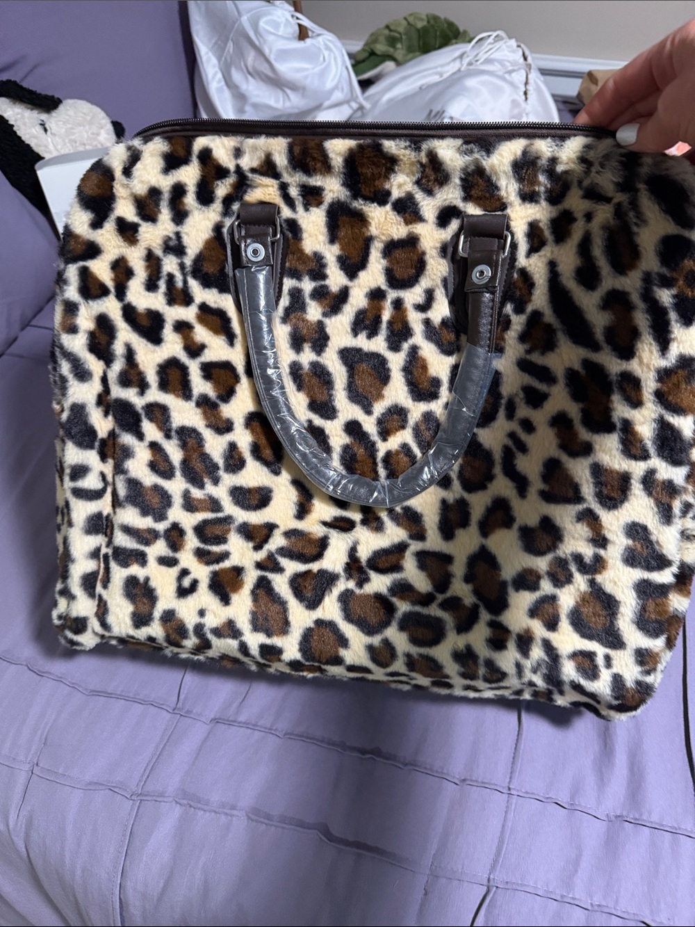 Leopard Print Faux Fur Satchel Bag - Brown/Black
